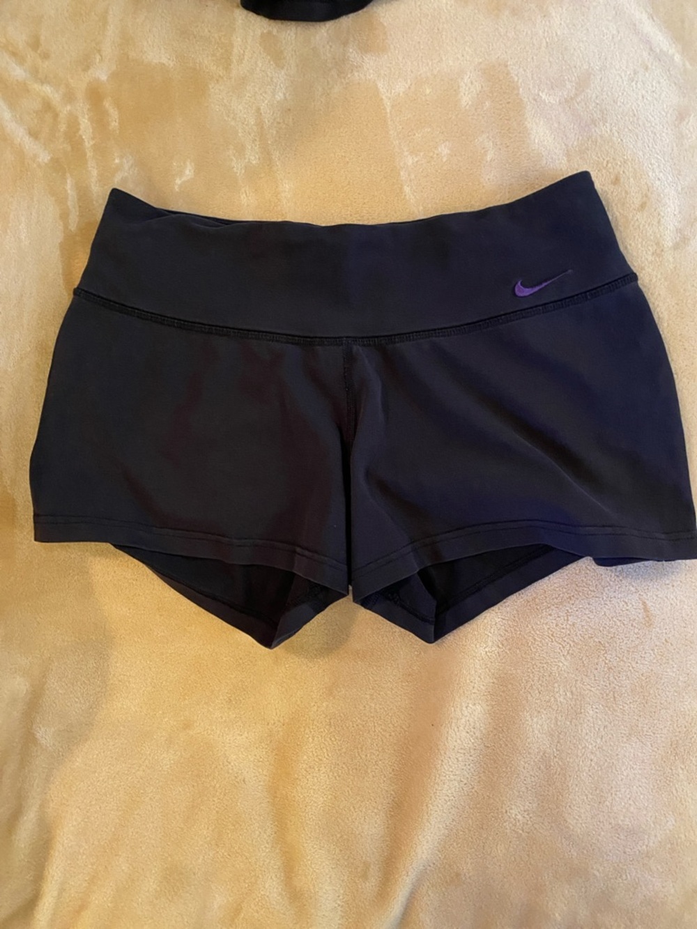 Nike Black Women's Athletic Shorts with Purple Logo